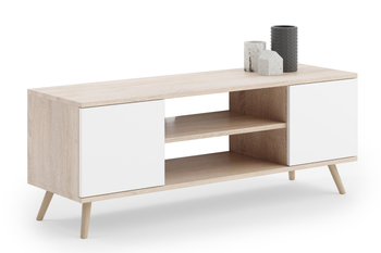 Meuble TV FOCUS 155 cm scandinave, pieds en bois - Chêne Sonoma / Blanc