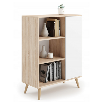 Commode FONDI armoire avec étagère, style scandinave, pieds en bois - Chêne Sonoma / Blanc