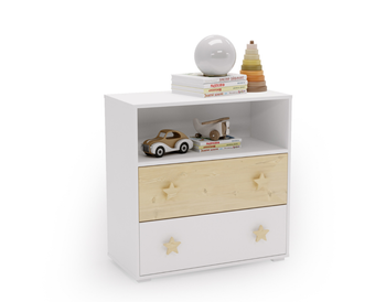 Commode PUFFI avec tiroirs et étagère - Blanc / Érable