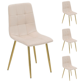 Ensemble de 4 chaises NEL tapissées en velours matelassé - couleur Crème, pieds Dorés