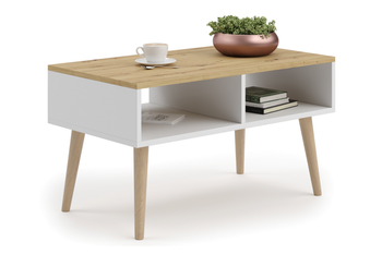 Table basse SANDI de style scandinave avec pieds en bois - Blanc / Chêne Artisan