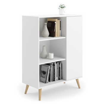 Commode FONDI armoire avec étagère, style scandinave, pieds en bois - Blanc