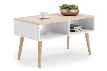 Table basse SANDI de style scandinave avec pieds en bois - Blanc / Chêne Sonoma