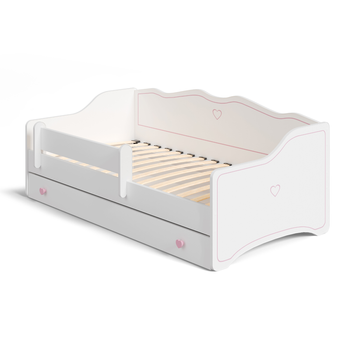 Lit pour enfant EMMA 80x160 avec barrière et tiroir - Blanc / Rose