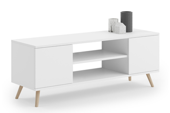 Meuble TV FOCUS 135 cm, style scandinave, pieds en bois - Blanc