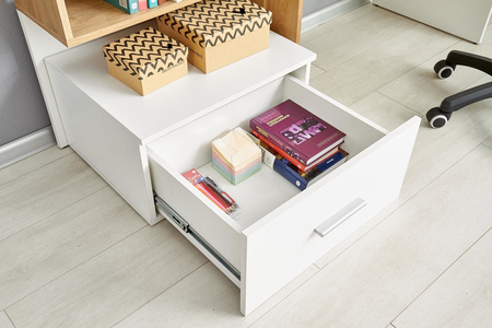 Bureau informatique GRAS avec bibliothèque et tiroir - Blanc / Chêne doré