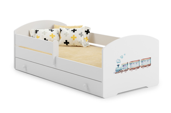Lit enfant LUK 70x140 avec barrière, tiroir et graphique - Train