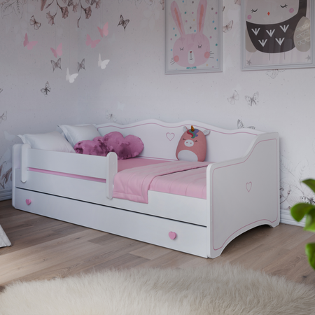 Lit pour enfant EMMA 80x180 avec barrière et tiroir - Blanc / Rose