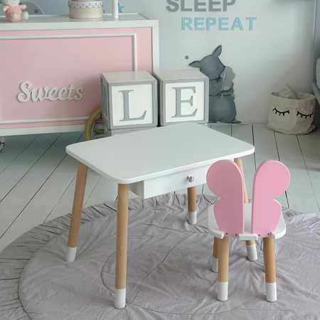 Table enfant avec tiroir et chaise Butterfly - couleur blanc et rose