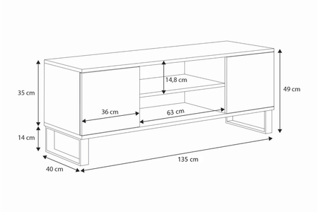 Meuble TV FOCUS 135 cm style loft, pieds en métal - Chêne Artisan