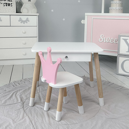 Table enfant avec tiroir et chaise Crown - couleur blanc et rose