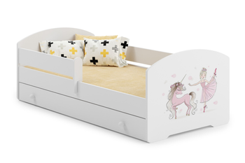Lit enfant LUK 80x160 avec barrière, tiroir et graphique - Fillette avec une licorne