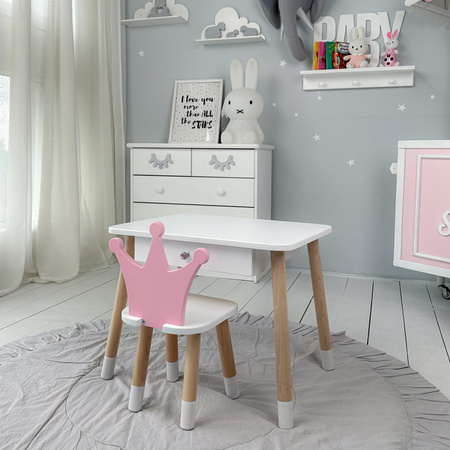 Table enfant avec tiroir et chaise Crown - couleur blanc et rose