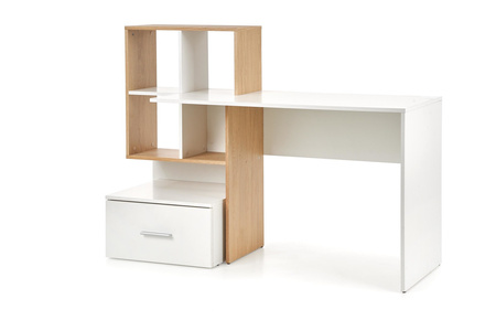 Bureau informatique GRAS avec bibliothèque et tiroir - Blanc / Chêne doré