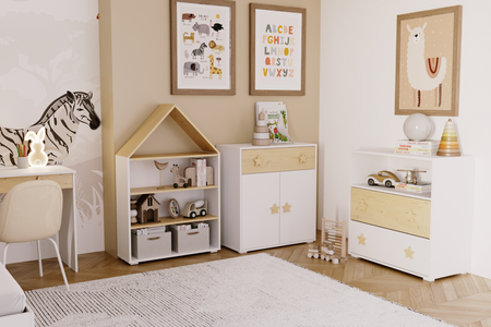 Étagère Cabane PUFFI avec étagères pour livres et jouets - Blanc / Érable