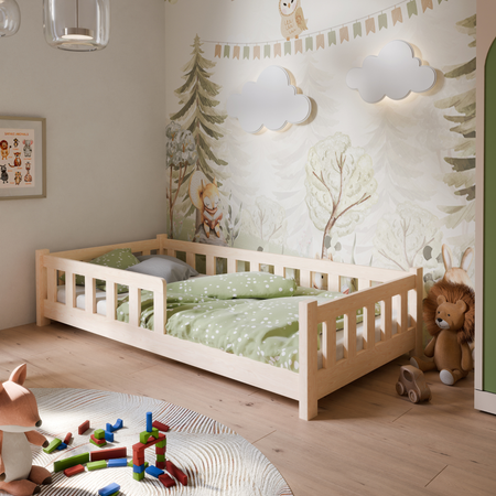 Lit enfant PINI 80x160 en bois bas non verni avec matelas - Naturel