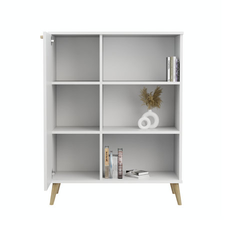 Commode FONDI avec armoire et étagère style scandinave, poignée et pieds en bois - Blanc