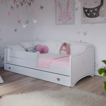 Lit pour enfant EMMA 80x160 avec barrière et tiroir - Blanc / Gris