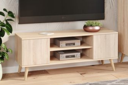 Meuble TV FOCUS 155 cm scandinave, pieds en bois - Chêne Sonoma
