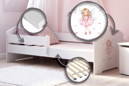 Lit enfant LUK 80x160 avec barrière graphique - Fillette avec des ailes