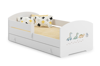 Lit enfant LUK 70x140 avec barrière, tiroir et graphique - Dinosaures