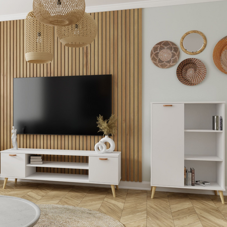 Commode FONDI avec armoire et étagère style scandinave, poignée et pieds en bois - Blanc