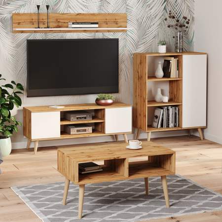 Commode FONDI armoire avec étagère, style scandinave, pieds en bois - Chêne Craft / Blanc