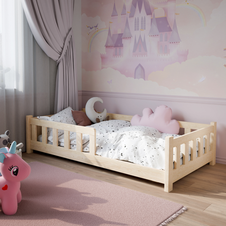 Lit enfant PINI 80x160 en bois bas non verni avec matelas - Naturel