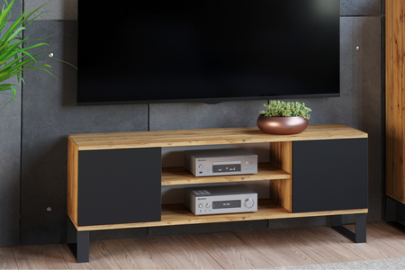 Meuble TV FOCUS 155 cm style loft, pieds en métal - Chêne Craft / Noir