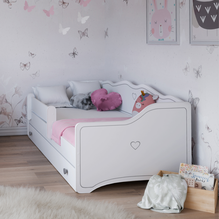 Lit pour enfant EMMA 80x160 avec barrière et tiroir - Blanc / Gris