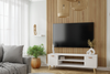 Meuble TV FOCUS 135 cm, style scandinave, pieds en bois - Blanc