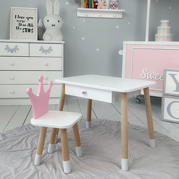 Table enfant avec tiroir et chaise Crown - couleur blanc et rose