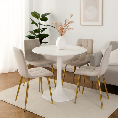 Ensemble de 4 chaises NEL tapissées en velours matelassé - couleur Beige, pieds Dorés