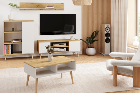 Table basse SANDI de style scandinave avec pieds en bois - Blanc / Chêne Artisan