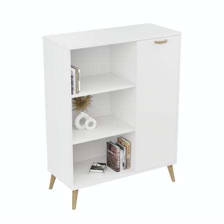 Commode FONDI avec armoire et étagère style scandinave, poignée et pieds en bois - Blanc
