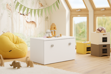 Coffre à jouets INGA - Blanc, poignées grises en forme de cœur
