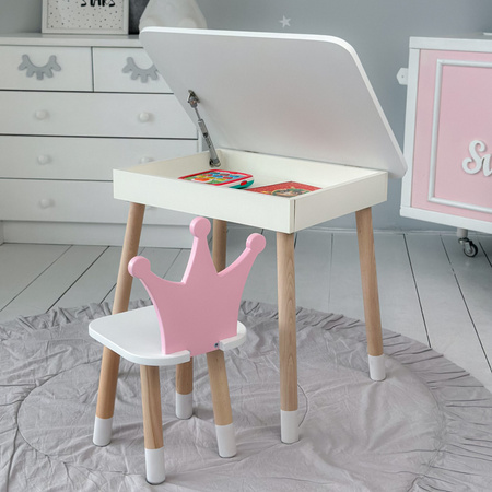 Table et chaise pour enfants. Table avec rangement pour crayons et livres de coloriage - couleur blanc et rose