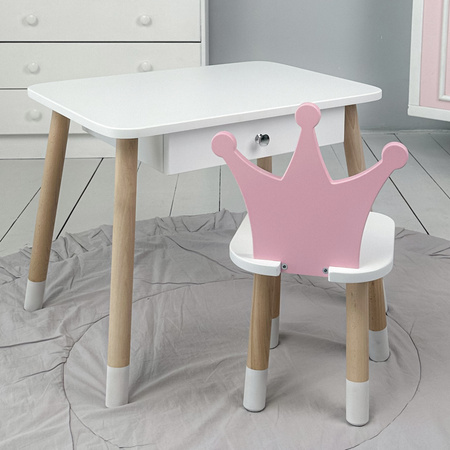 Table enfant avec tiroir et chaise Crown - couleur blanc et rose