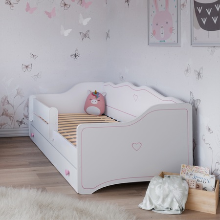 Lit pour enfant EMMA 80x180 avec barrière et tiroir - Blanc / Rose