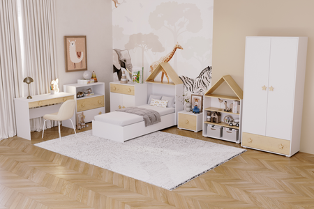 Lit Cabane PUFFI pour enfant avec sommier - Blanc / Érable