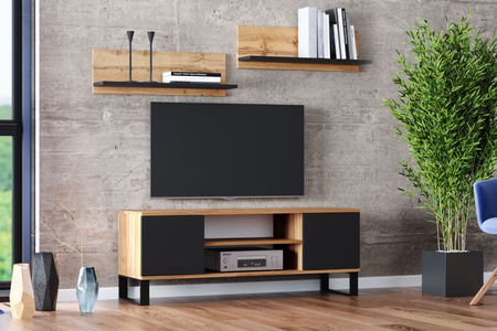 Meuble TV FOCUS 155 cm style loft, pieds en métal - Chêne Craft / Noir