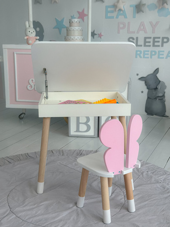 Table et chaise pour enfants. Table avec rangement pour crayons et livres de coloriage - couleur blanc et rose