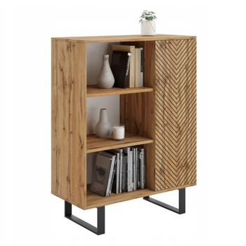 Commode FONDI avec armoire et étagère style loft, pieds en métal, motif chevrons - Chêne Craft