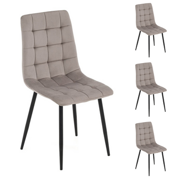 Ensemble de 4 chaises MIRA tapissées en velours matelassé - couleur Beige, pieds Noirs