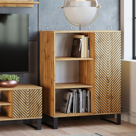 Commode FONDI avec armoire et étagère style loft, pieds en métal, motif chevrons - Chêne Craft