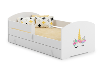 Lit enfant LUK 80x160 avec barrière, tiroir et graphique - Licorne