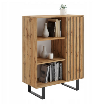 Commode FONDI avec armoire et étagère style loft, pieds en métal, impression lamelles - Chêne Craft