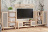 Meuble TV FOCUS 155 cm style scandinave, pieds en bois, motif rotin – Chêne Sonoma