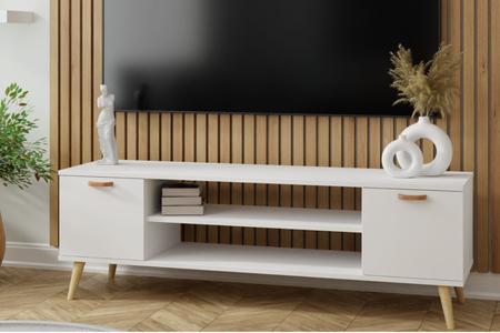 Meuble TV FOCUS 155 cm, style scandinave, pieds en bois - Blanc