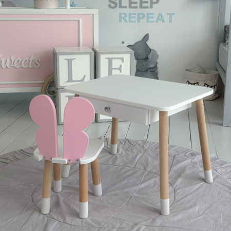 Table enfant avec tiroir et chaise Butterfly - couleur blanc et rose